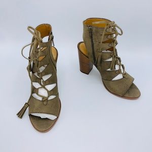 Report Green Suede Lace up Open Toe Bootie Heels